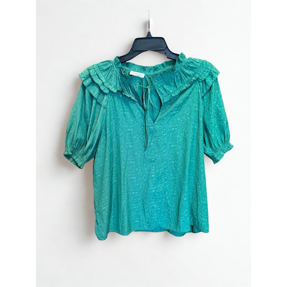 Current Air Green Ruffle Collar Blouse Women's Size Fairy Puff Sleeve Boho Top S